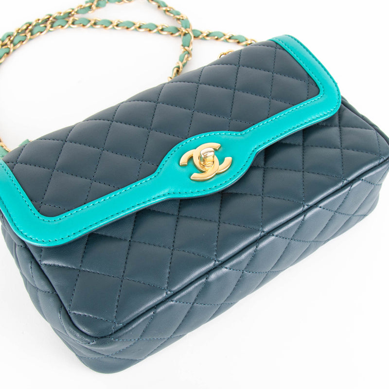 Chanel Navy Turquoise Two Tone Quilted Lambskin Medium Single Flap Bag