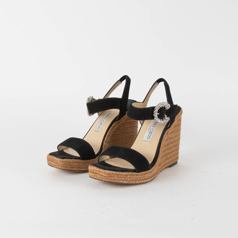 Jimmy Choo Black Suede Platform Espadrilles with Jewelled Buckle