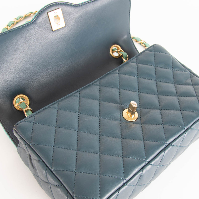 Chanel Navy Turquoise Two Tone Quilted Lambskin Medium Single Flap Bag