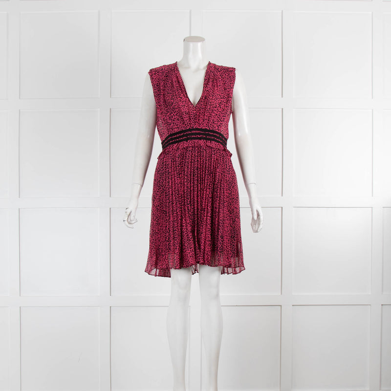 The Kooples Pink And Black Animal Print Pleated Sleeveless Dress