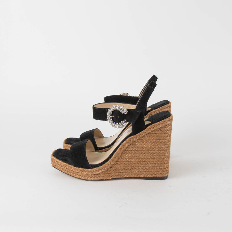 Jimmy Choo Black Suede Platform Espadrilles with Jewelled Buckle