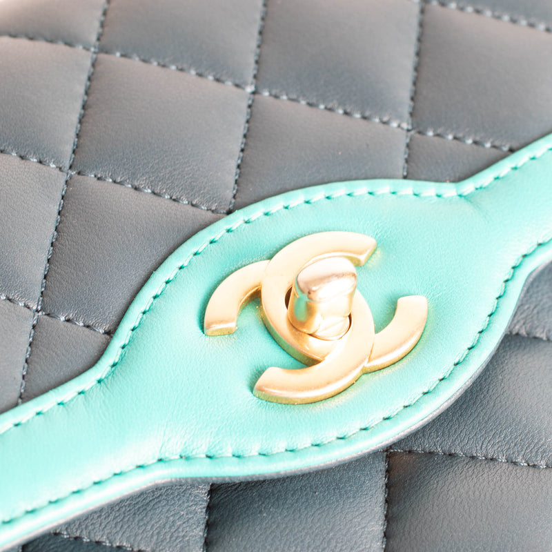 Chanel Navy Turquoise Two Tone Quilted Lambskin Medium Single Flap Bag