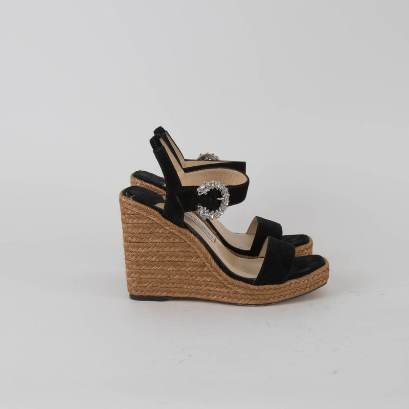 Jimmy Choo Black Suede Platform Espadrilles with Jewelled Buckle