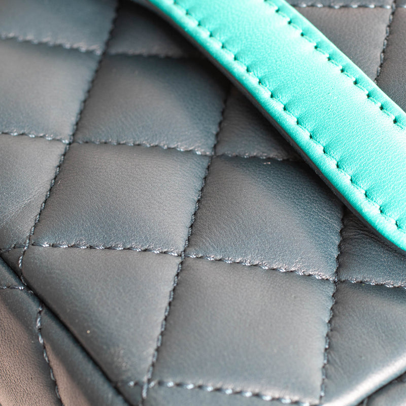 Chanel Navy Turquoise Two Tone Quilted Lambskin Medium Single Flap Bag