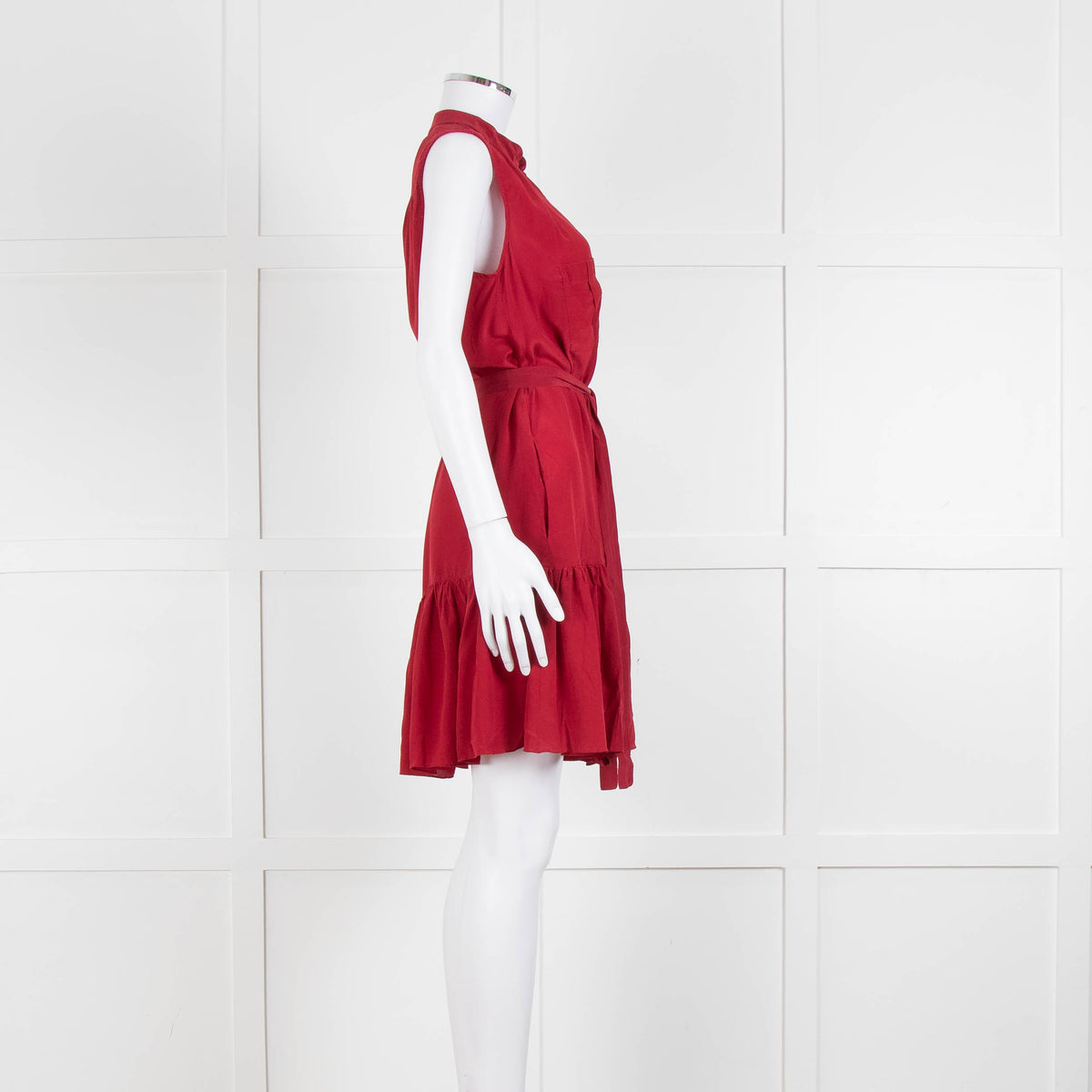 Saloni Red Silk Sleeveless Belted Dress