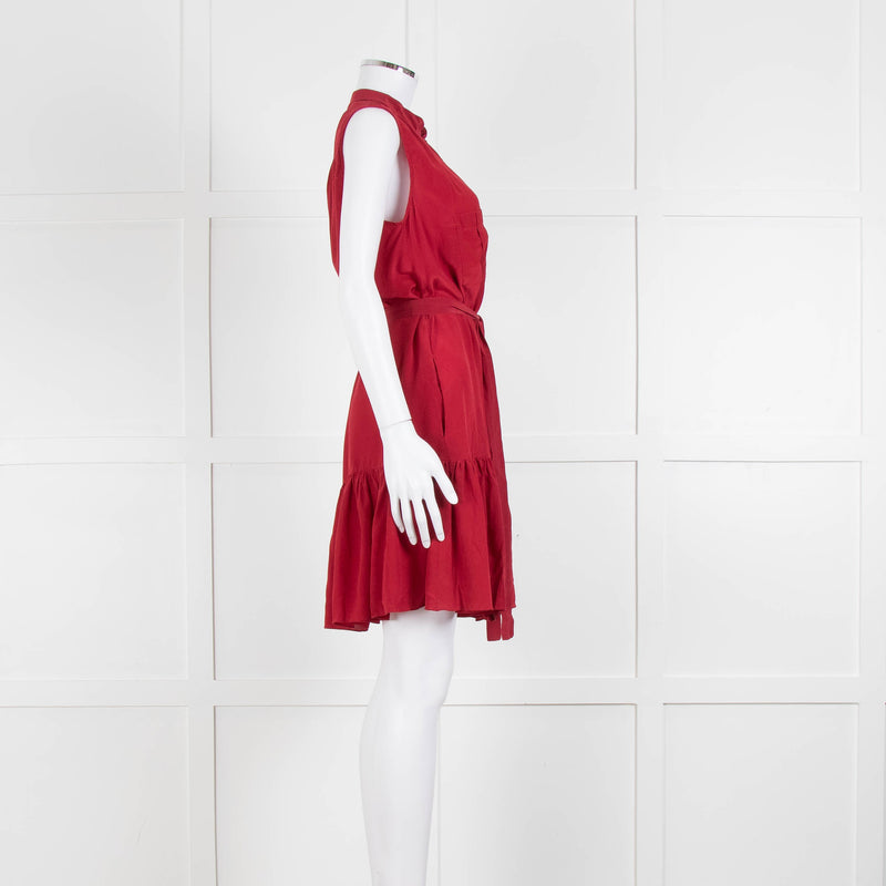 Saloni Red Silk Sleeveless Belted Dress
