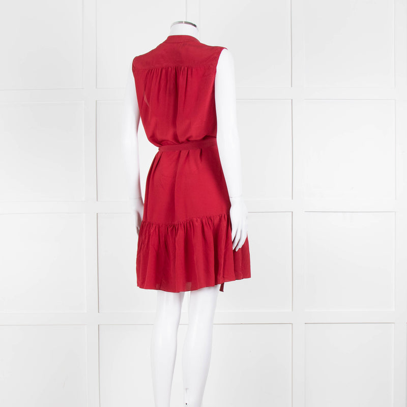 Saloni Red Silk Sleeveless Belted Dress