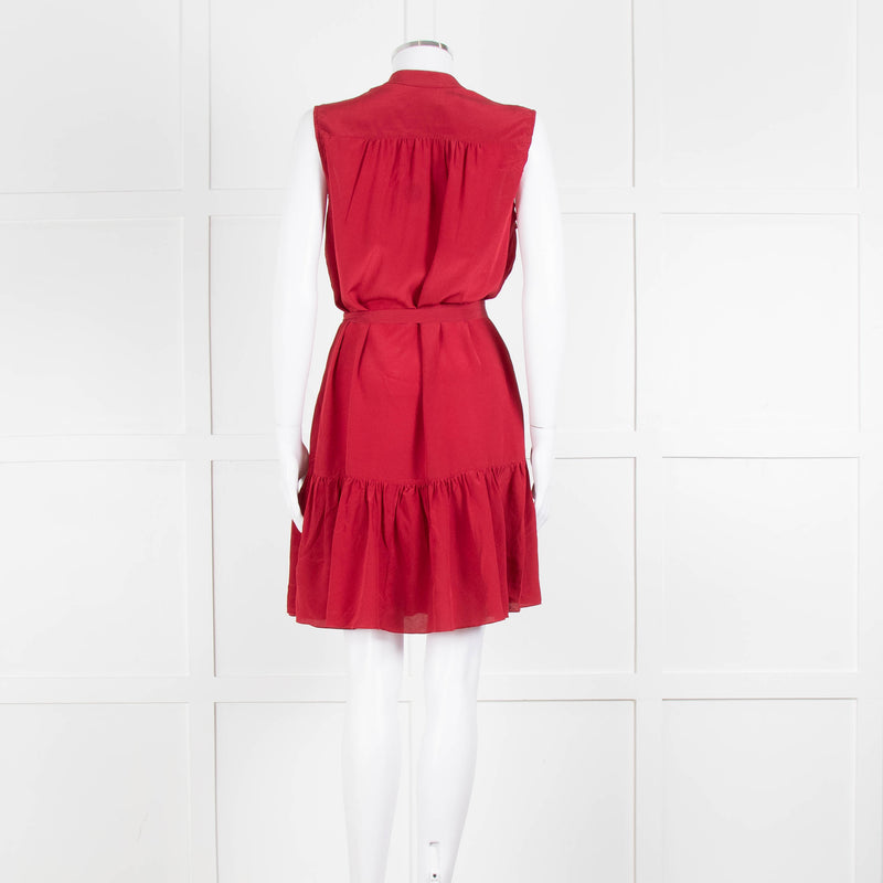 Saloni Red Silk Sleeveless Belted Dress