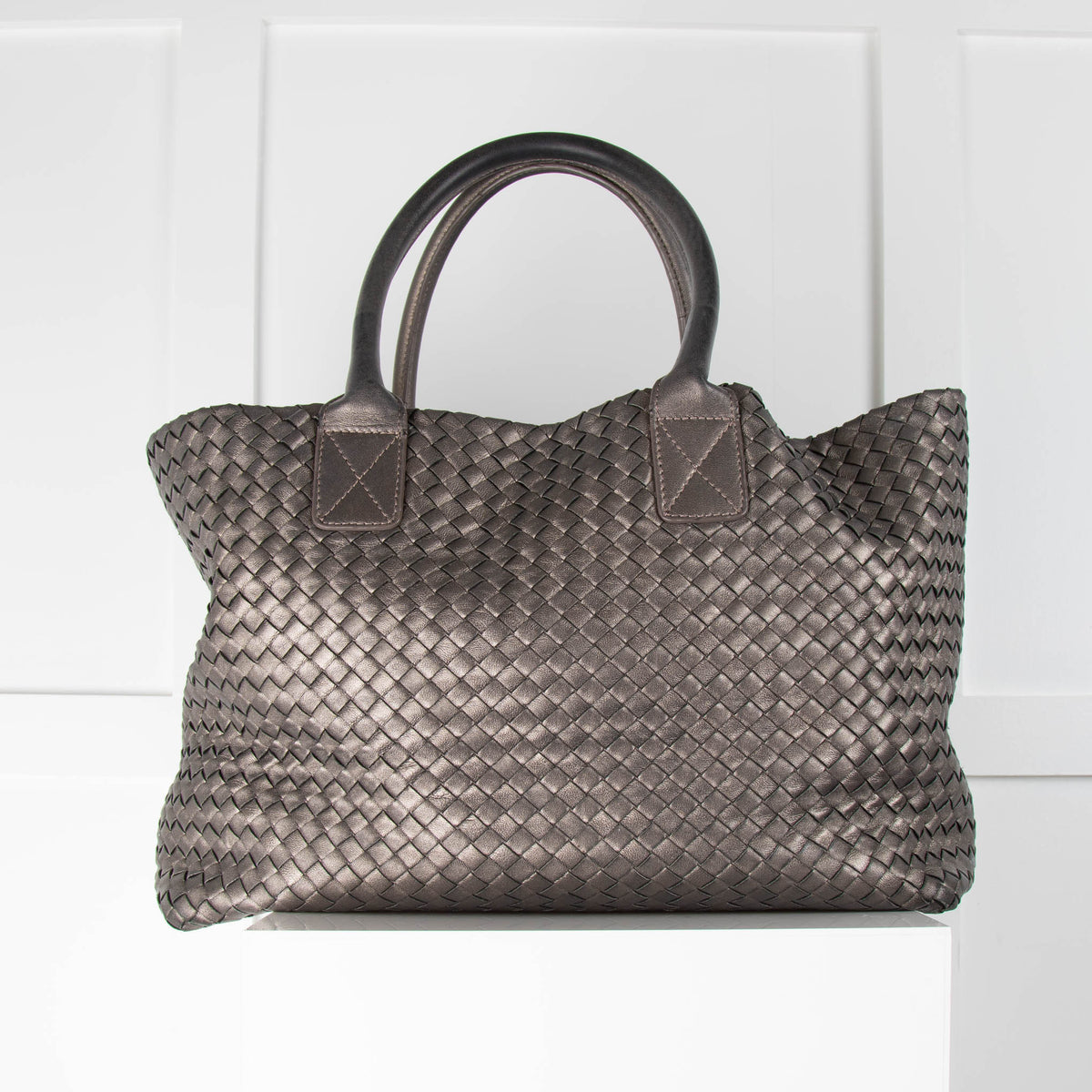 No Brand Metallic Grey Plaited Leather Tote