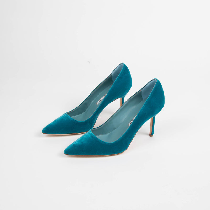 Manolo Blahnik Dark Aquamarine Velvet Pointy Heeled Shoes