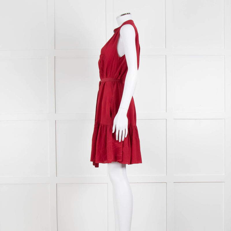 Saloni Red Silk Sleeveless Belted Dress