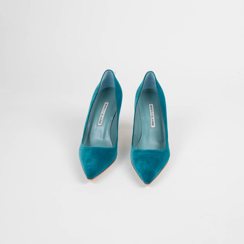 Manolo Blahnik Dark Aquamarine Velvet Pointy Heeled Shoes