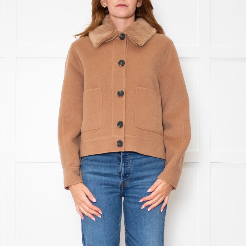 Marella Camel Jacket With Detachable Fur Collar