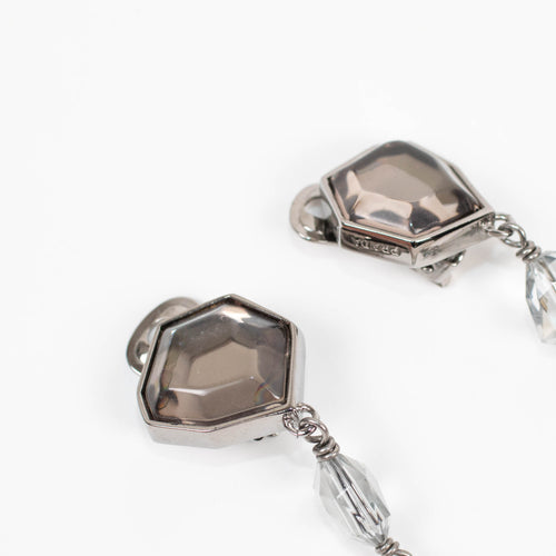 Prada Silver Grey Crystal Drop Clip On Earrings