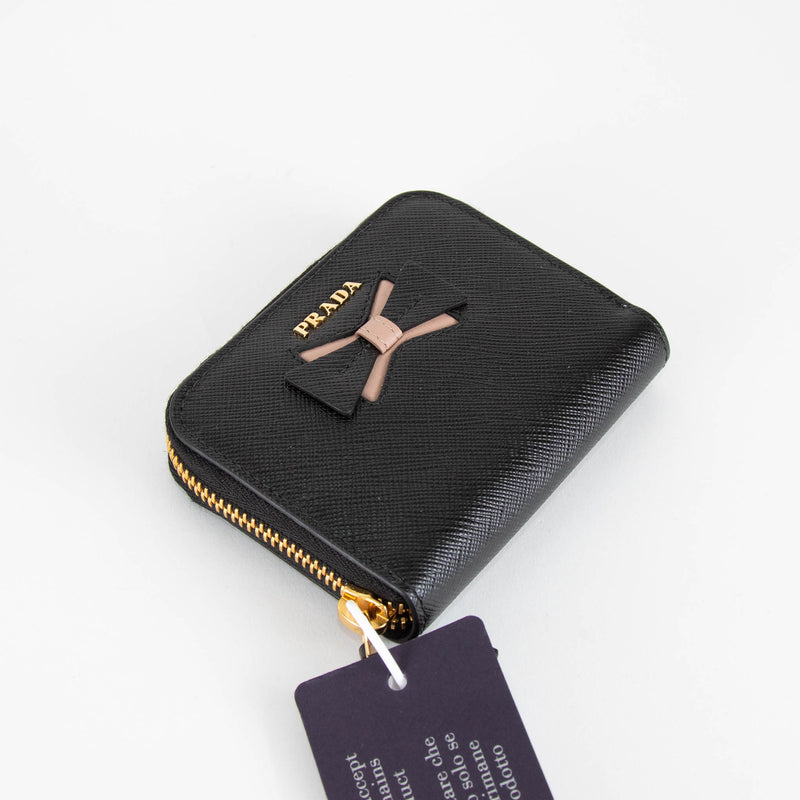 Prada Black Saffiano Leather Bow All Around Zip Wallet