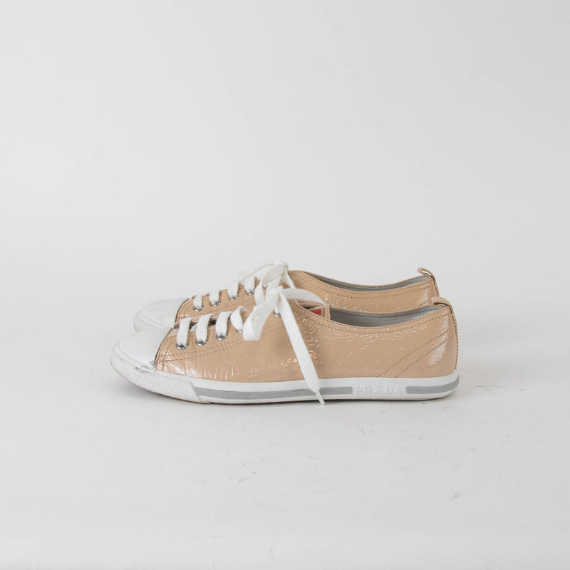 Prada Beige Patent Leather Lace Up Trainers