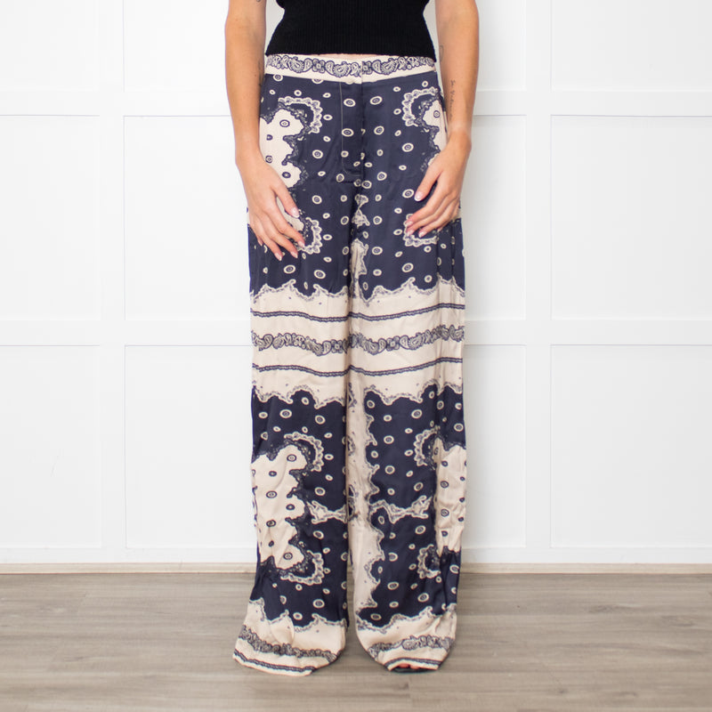 Malina Blue and Cream Bella Satin-Look Palazzo Woven Trousers