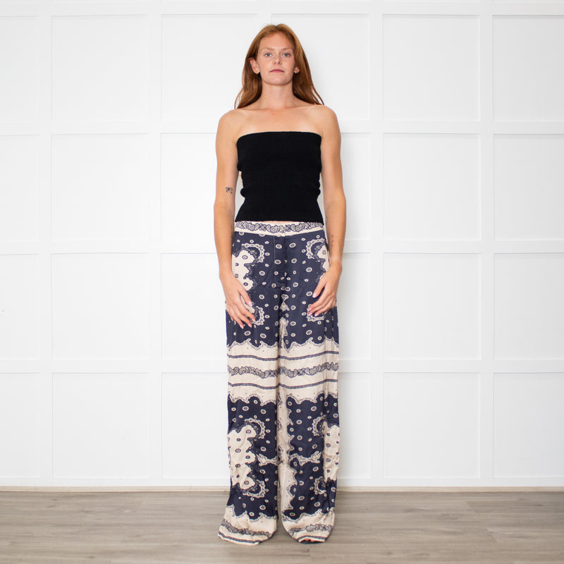 Malina Blue and Cream Bella Satin-Look Palazzo Woven Trousers