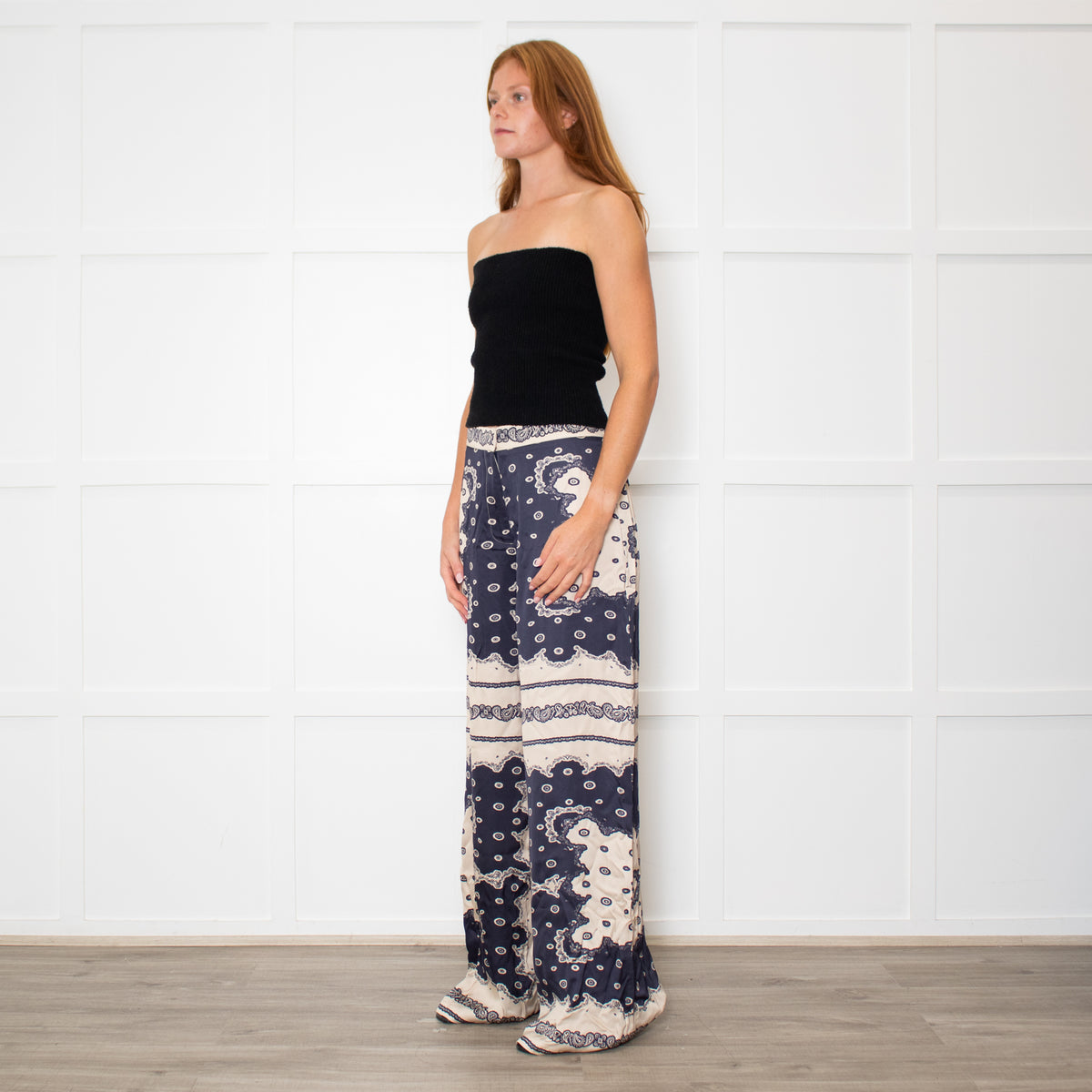 Malina Blue and Cream Bella Satin-Look Palazzo Woven Trousers