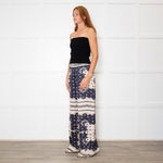 Malina Blue and Cream Bella Satin-Look Palazzo Woven Trousers