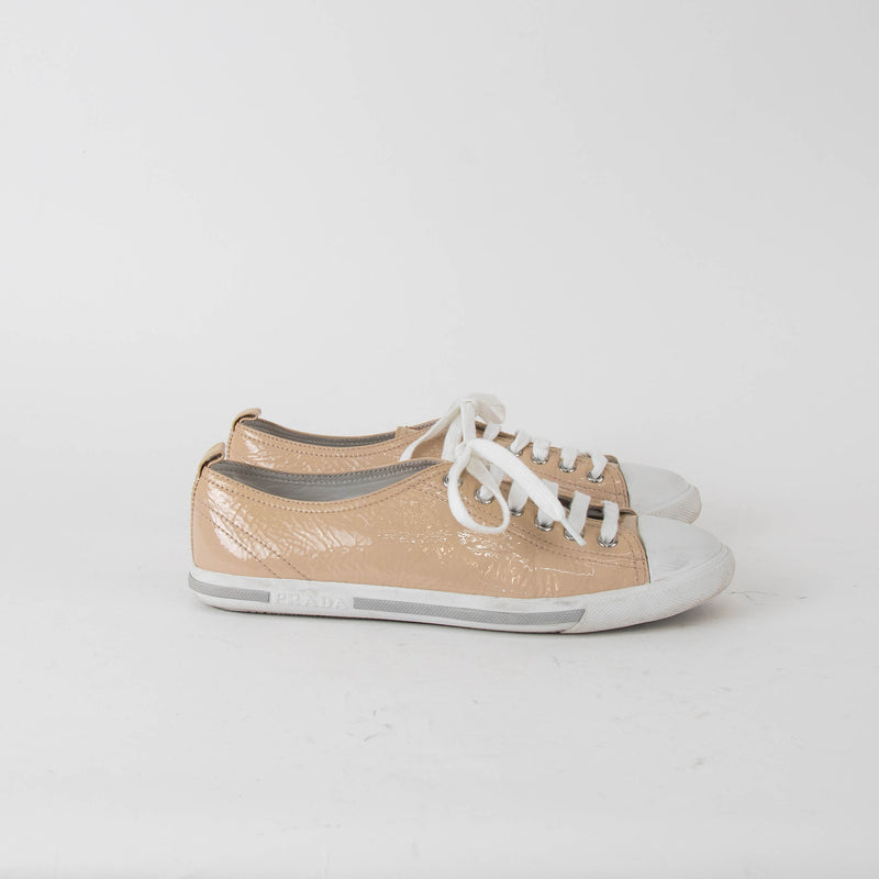 Prada Beige Patent Leather Lace Up Trainers