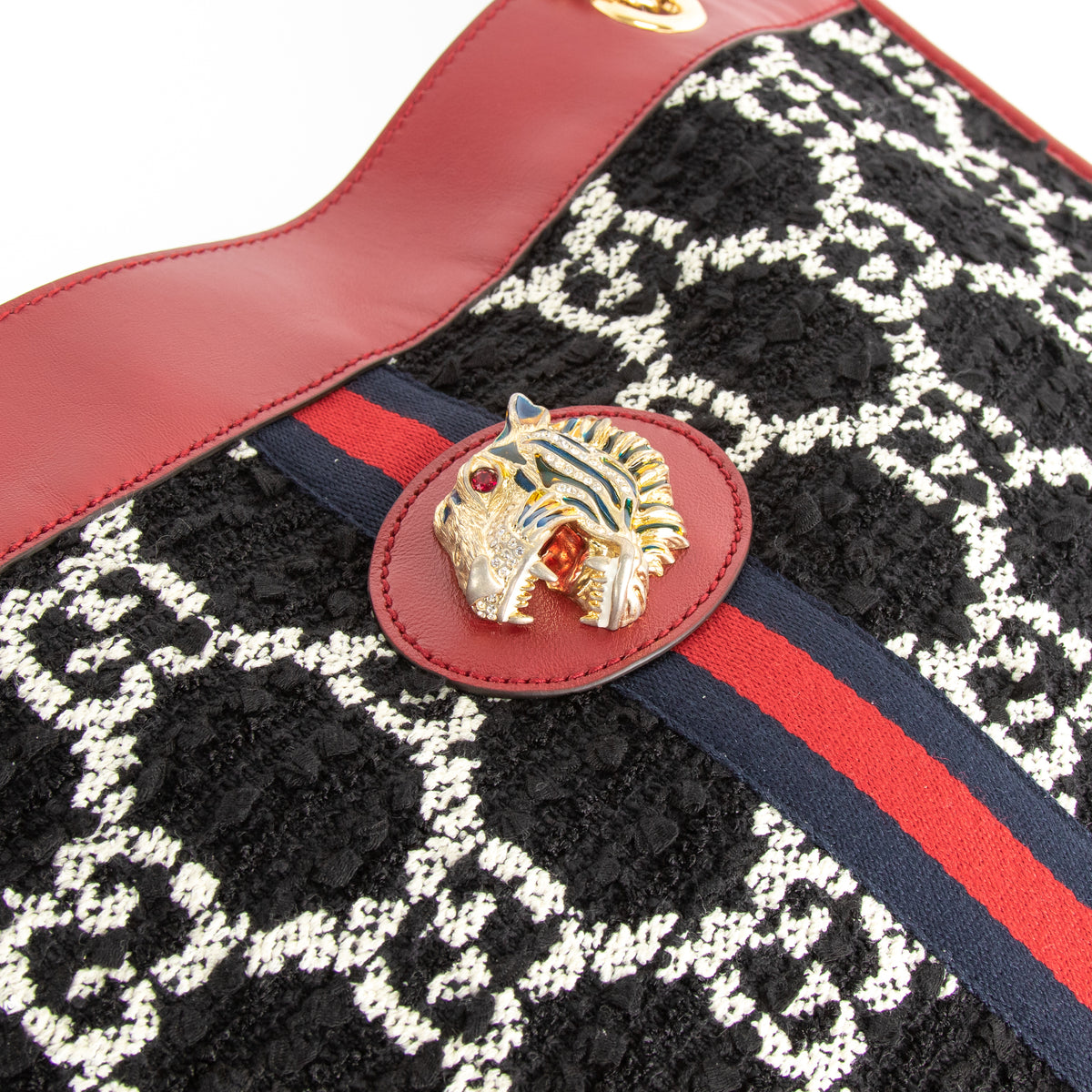 Gucci Black & White Boucle Red Leather Trim Rajah Bag
