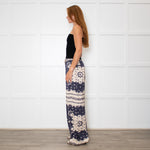 Malina Blue and Cream Bella Satin-Look Palazzo Woven Trousers