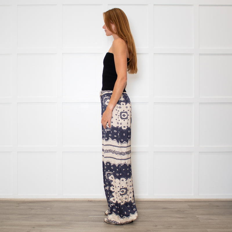 Malina Blue and Cream Bella Satin-Look Palazzo Woven Trousers