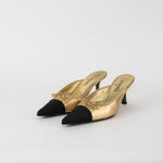 Chanel Gold Leather Black Satin Toe Kitten Mules