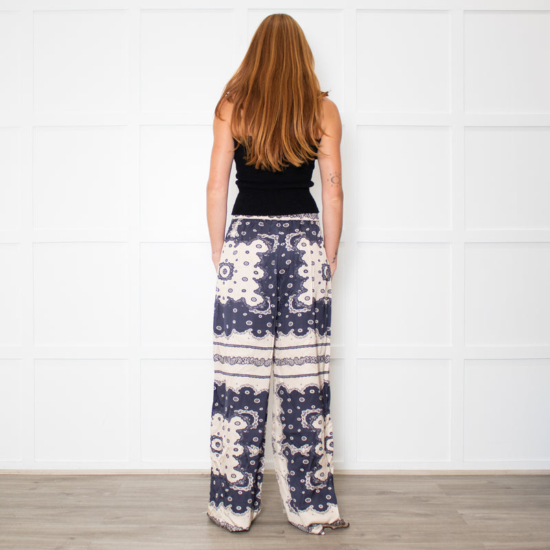 Malina Blue and Cream Bella Satin-Look Palazzo Woven Trousers