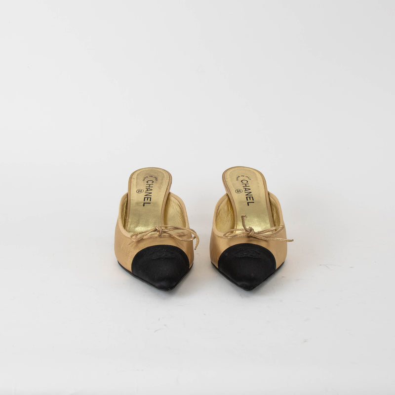 Chanel Gold Leather Black Satin Toe Kitten Mules