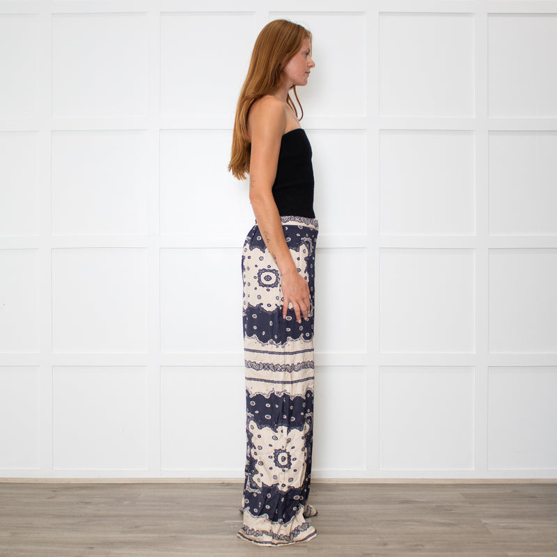 Malina Blue and Cream Bella Satin-Look Palazzo Woven Trousers