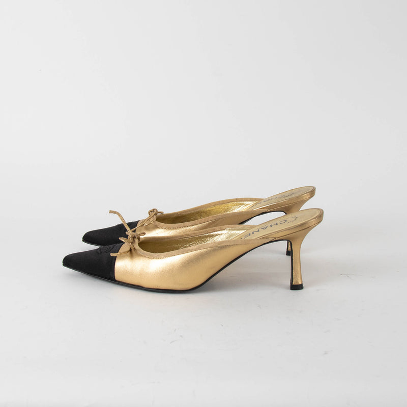 Chanel Gold Leather Black Satin Toe Kitten Mules