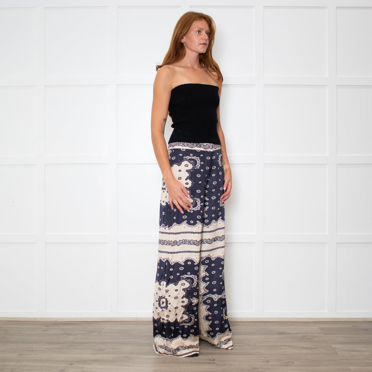 Malina Blue and Cream Bella Satin-Look Palazzo Woven Trousers