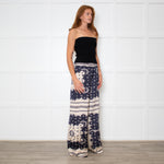 Malina Blue and Cream Bella Satin-Look Palazzo Woven Trousers