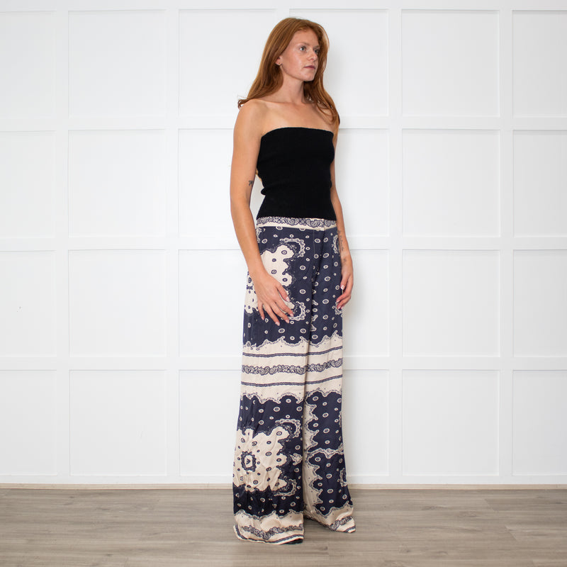 Malina Blue and Cream Bella Satin-Look Palazzo Woven Trousers