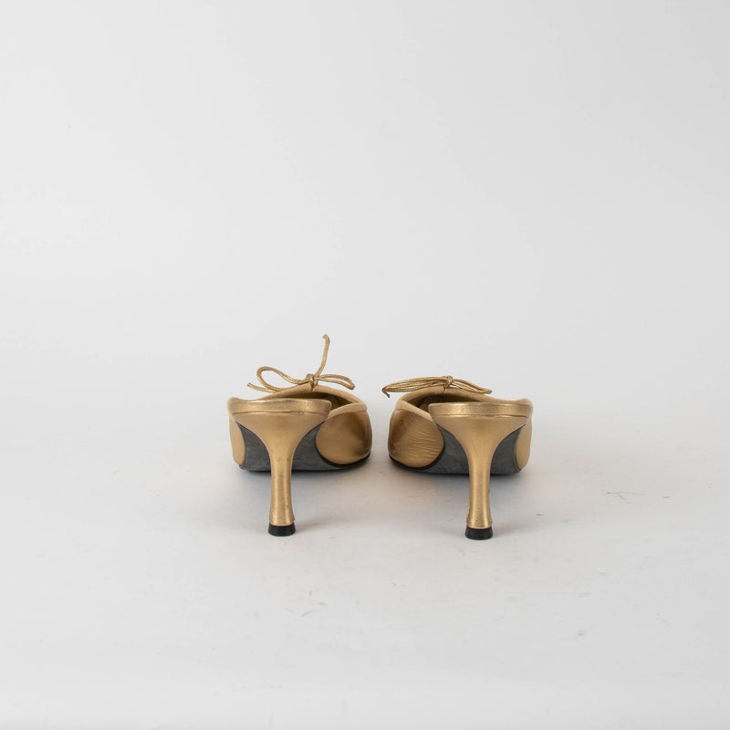 Chanel Gold Leather Black Satin Toe Kitten Mules