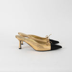 Chanel Gold Leather Black Satin Toe Kitten Mules