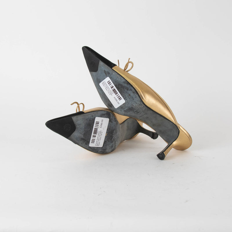 Chanel Gold Leather Black Satin Toe Kitten Mules
