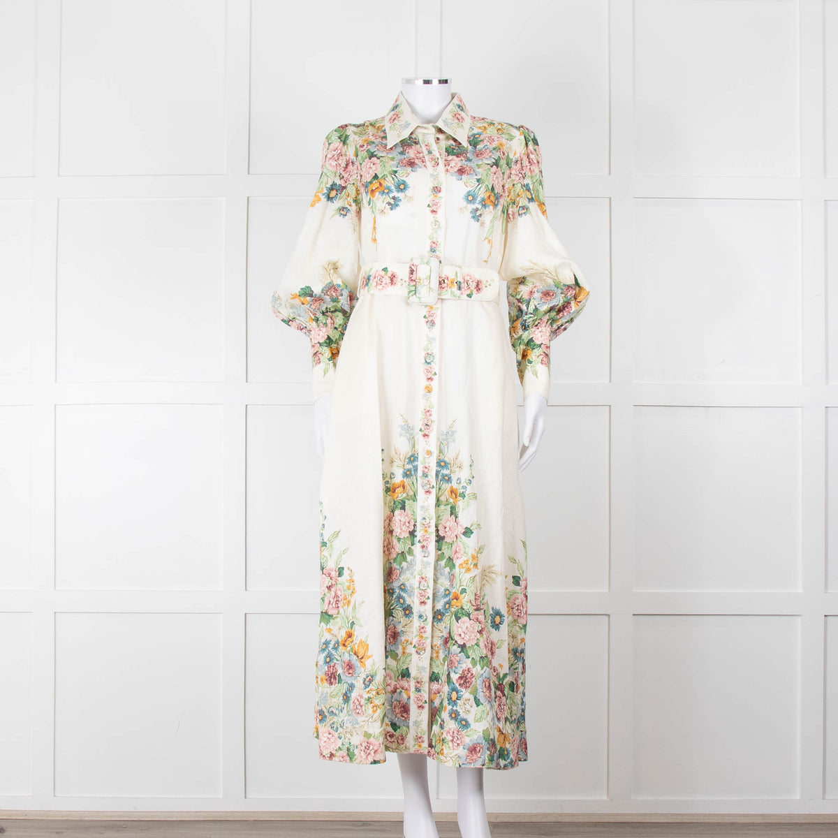 Zimmermann Cream Floral Wavelength Bell Sleeve Midi Dress