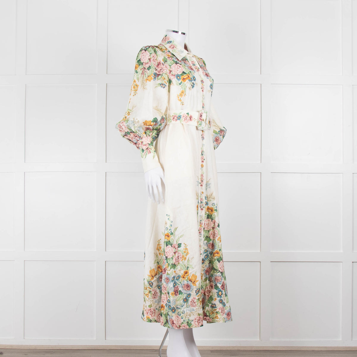Zimmermann Cream Floral Wavelength Bell Sleeve Midi Dress