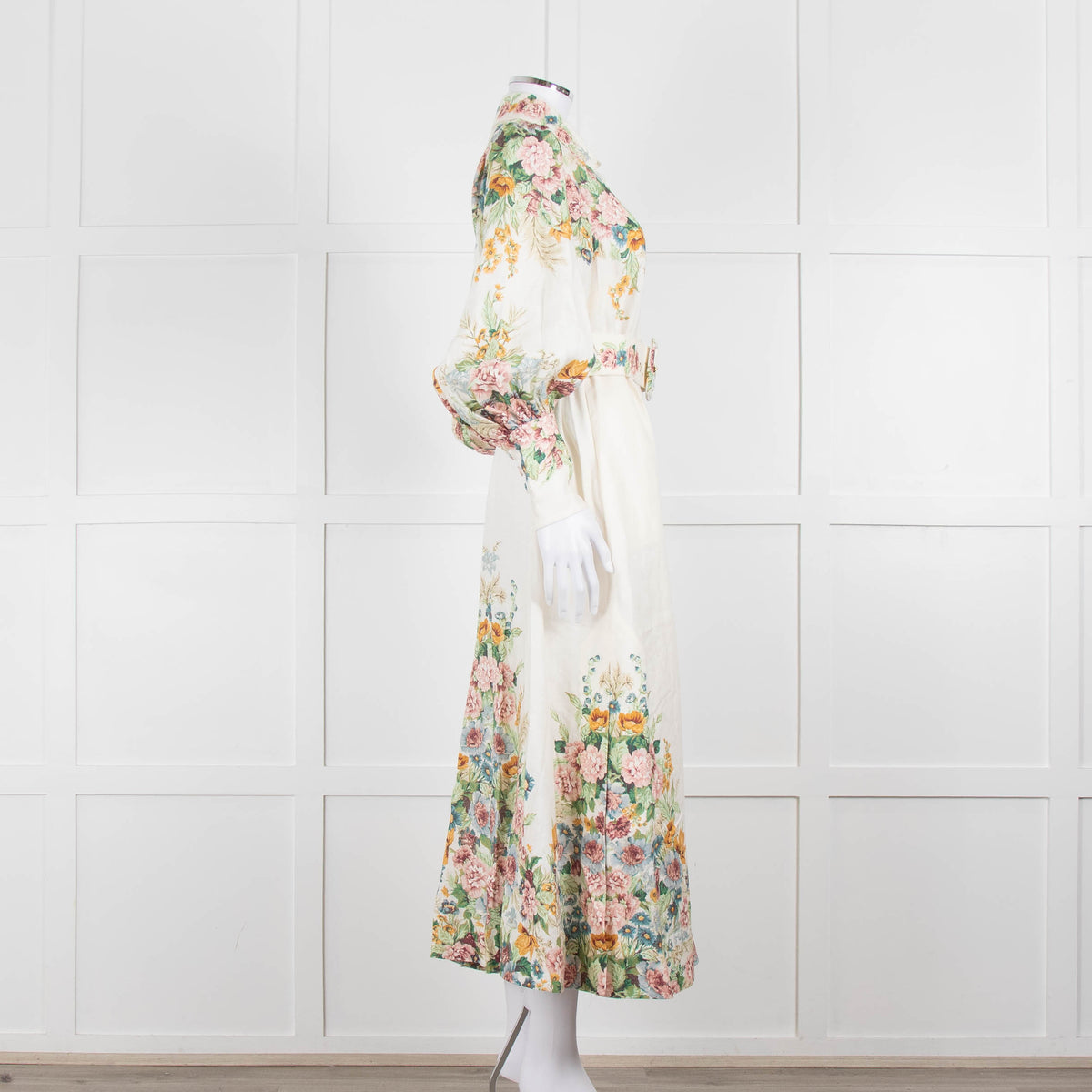 Zimmermann Cream Floral Wavelength Bell Sleeve Midi Dress