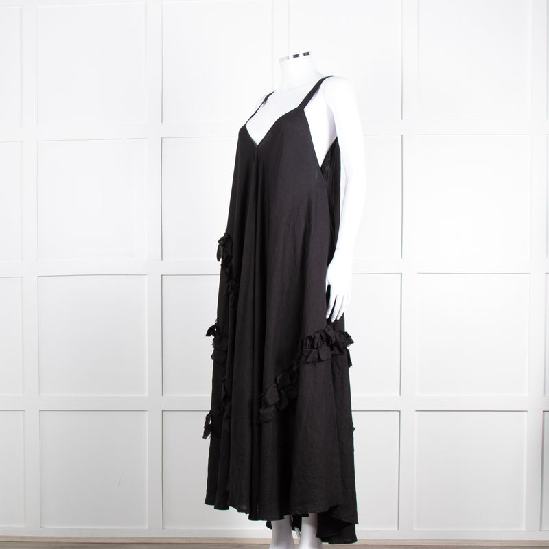 Nu London Black Linen Oversized Sundress With Black Fabric Adornments