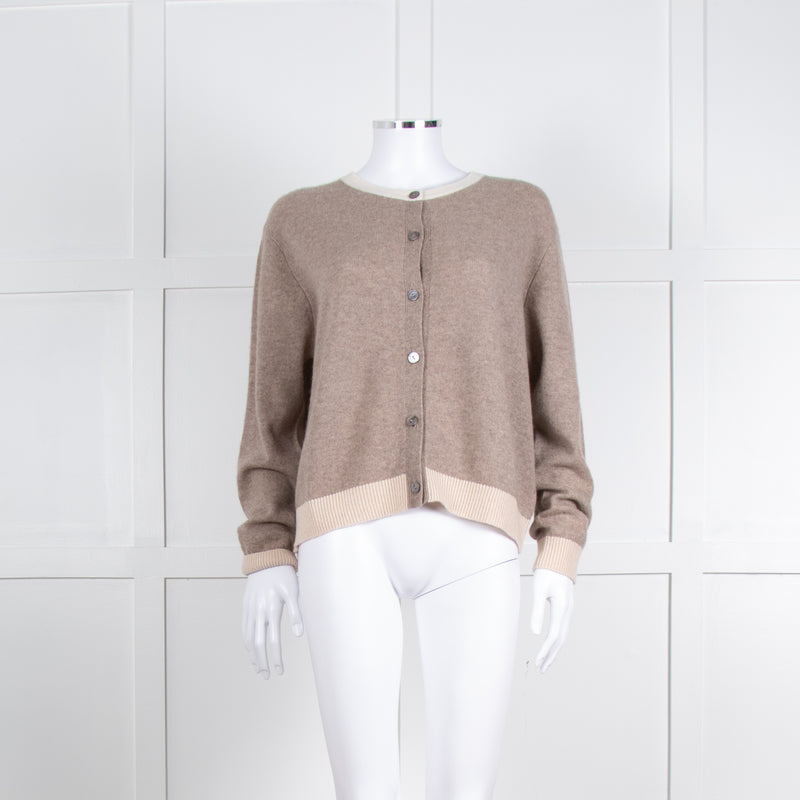 Jumper 1234 Pale Brown Cashmere Cardigan Contrast Neck And Cuff