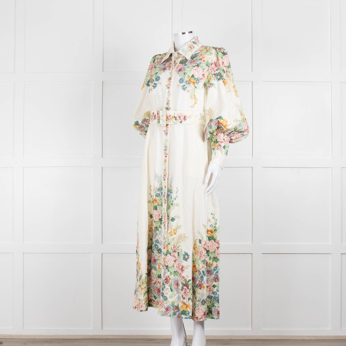 Zimmermann Cream Floral Wavelength Bell Sleeve Midi Dress