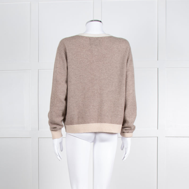 Jumper 1234 Pale Brown Cashmere Cardigan Contrast Neck And Cuff