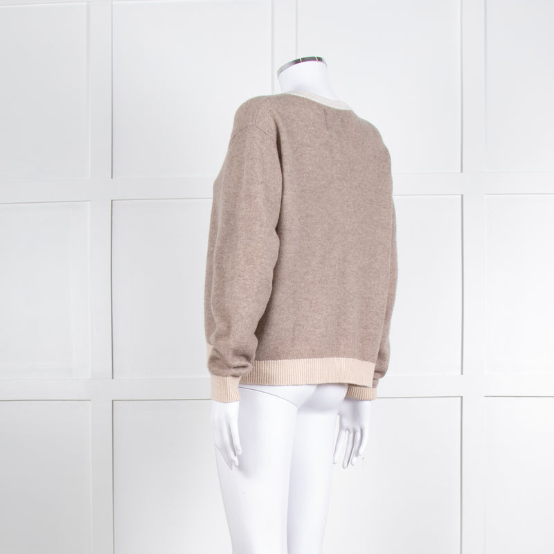 Jumper 1234 Pale Brown Cashmere Cardigan Contrast Neck And Cuff