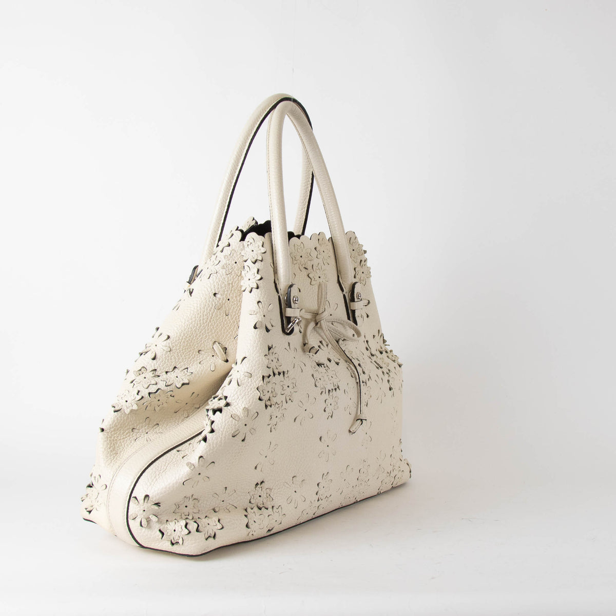 Ermanno Scervinno Off White Lazer Cut Leather Tote Bag