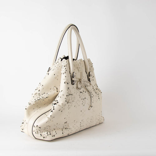 Ermanno Scervinno Off White Lazer Cut Leather Tote Bag