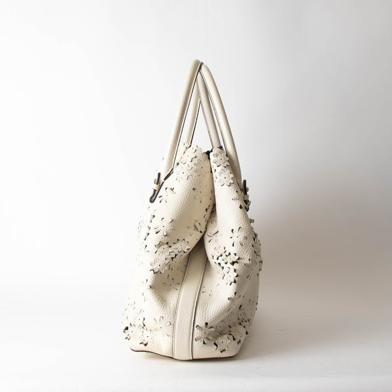 Ermanno Scervinno Off White Lazer Cut Leather Tote Bag